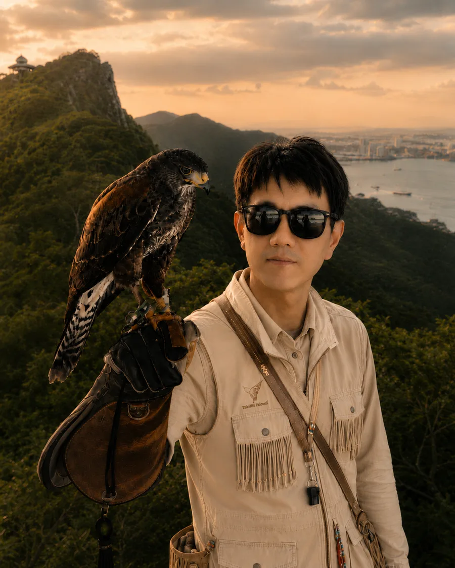 高雄柴山在地嚮導 Andy Lee（李衍錫）與獵鷹在山林間的肖像